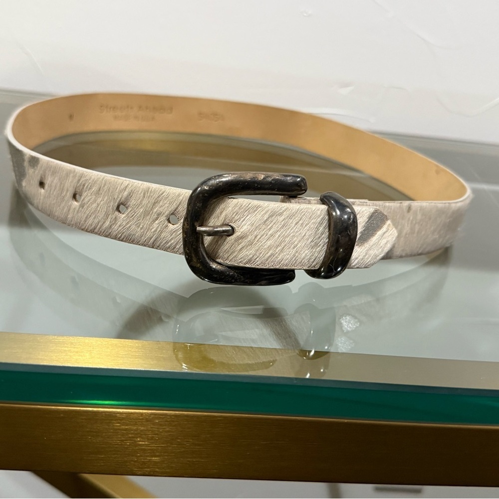 Streets Ahead White Silver Haircalf Leather Belt Statement Buckle Never Worn VTG